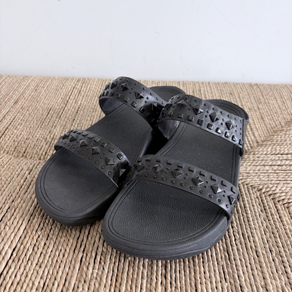 FITFLOP BIKER CHIC SLIDE SIZE 6/37 BLACK LEATHER STUD SANDALS GOOD CONDITION